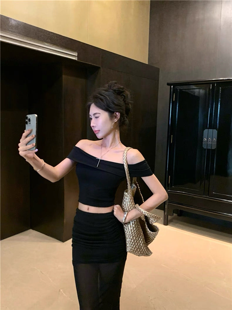 Black Off Shoulder Crop Top + Mesh Long Skirt Two Pieces Set