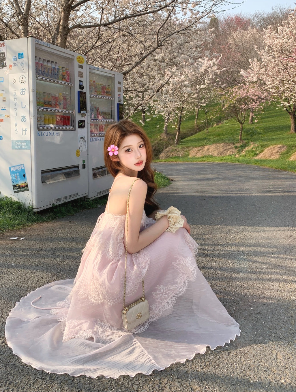 Chiffon Mix Lace Thin Bareback Long Dress