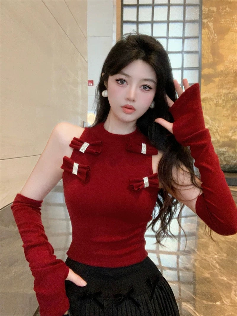 Bows Knitted Red Top With Sleeve