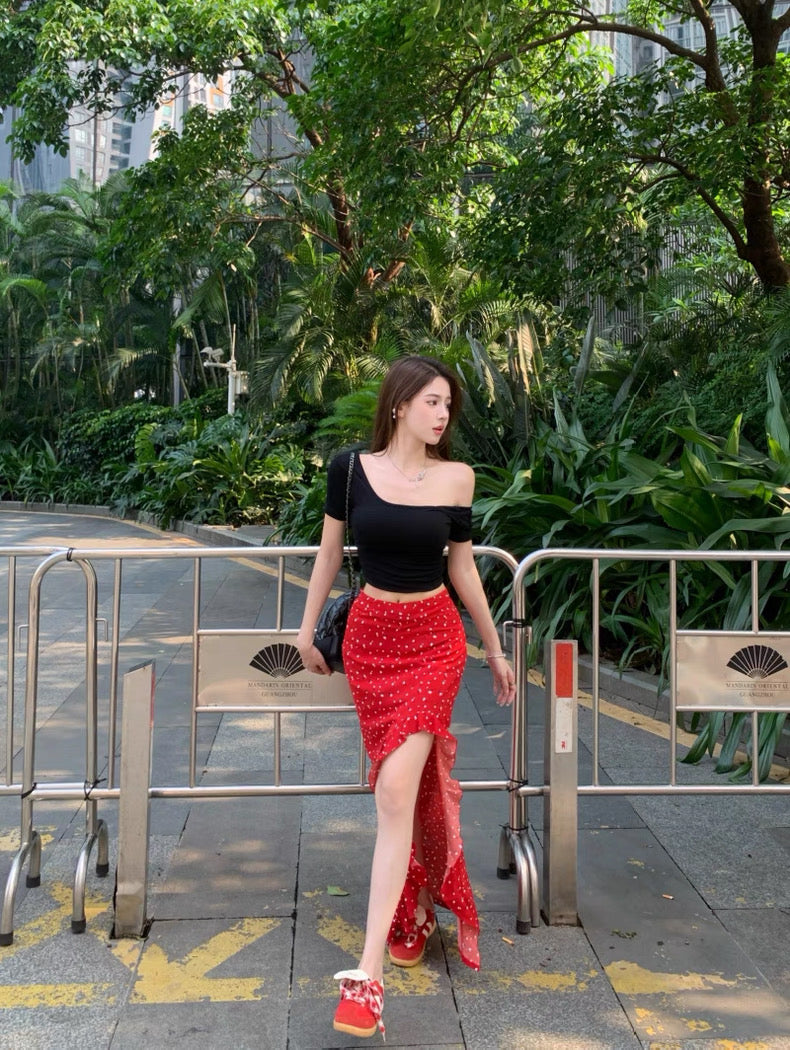 Lora Red Side Cut Long Skirt