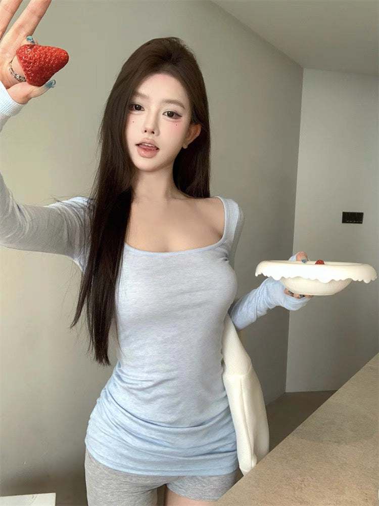 U Collar Thin Long Sleeve Long Top