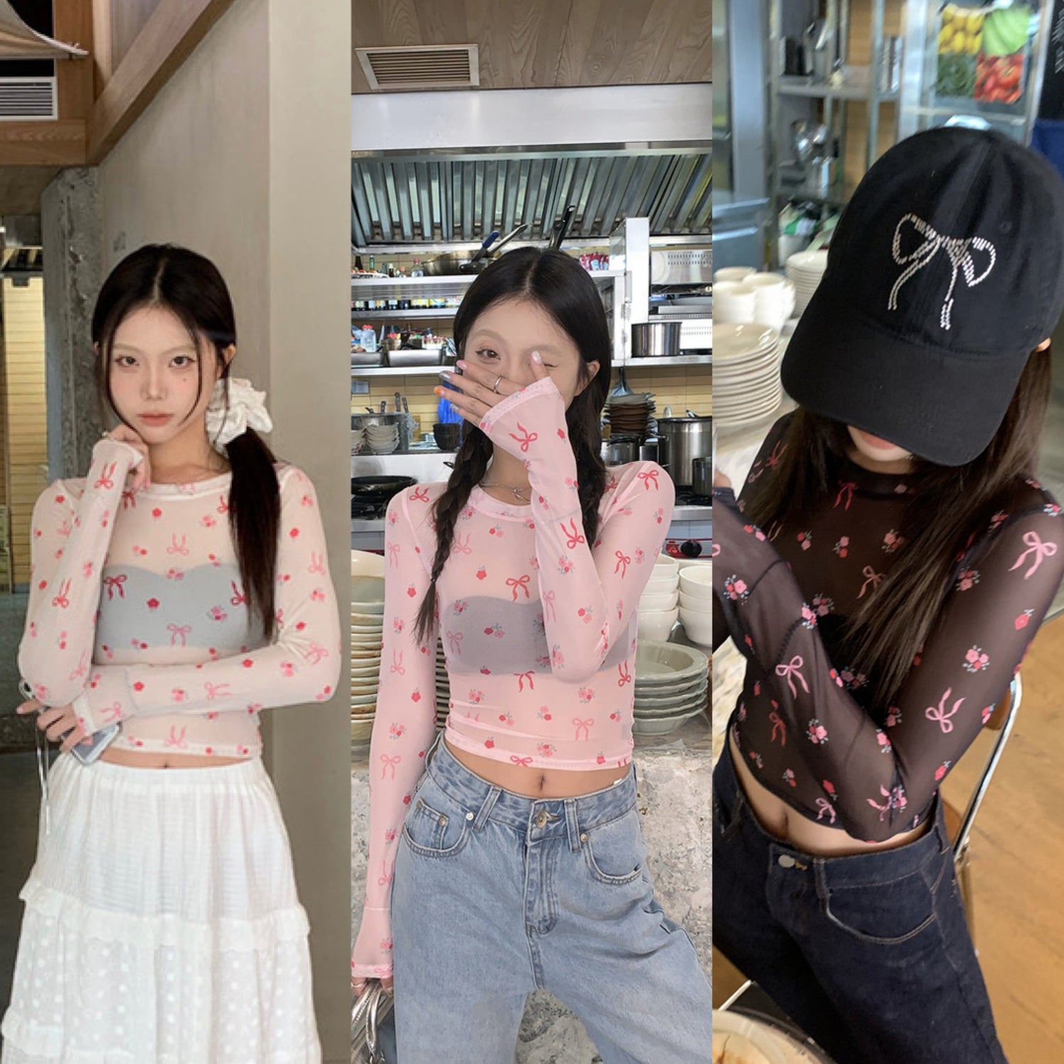 Pink Ribbons Thin Long Sleeve Mesh Crop Top Outerwear