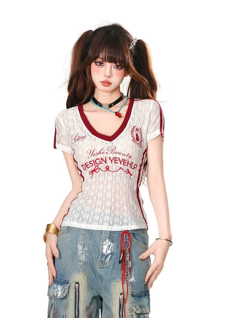 Red V Collar Laces Top
