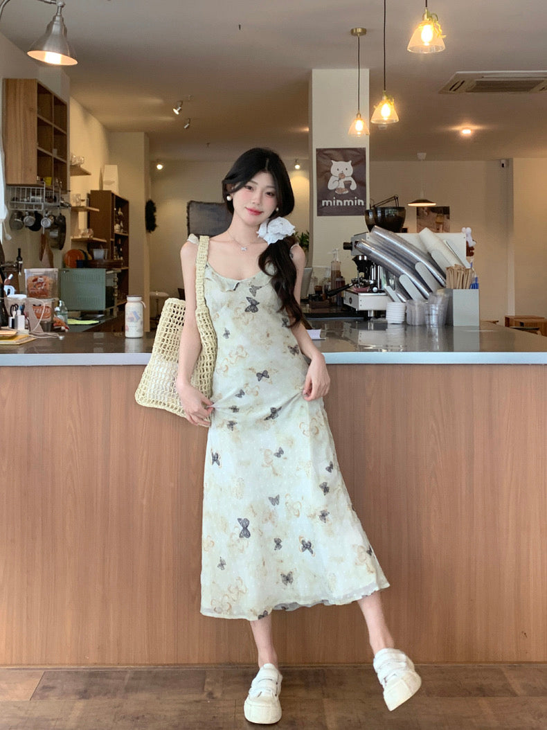 Ruffles Strap Butteflies Chiffon Dress (S, M)