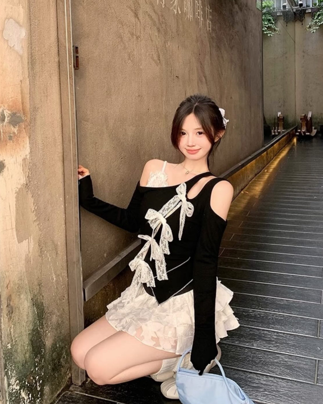 Black Mix Laces Long Sleeve Top