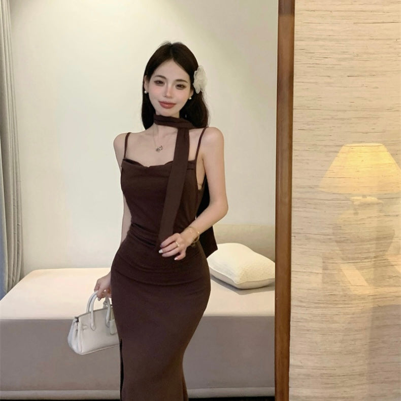 Bareback Strap Dress With Collar Strap (Black, Grey)