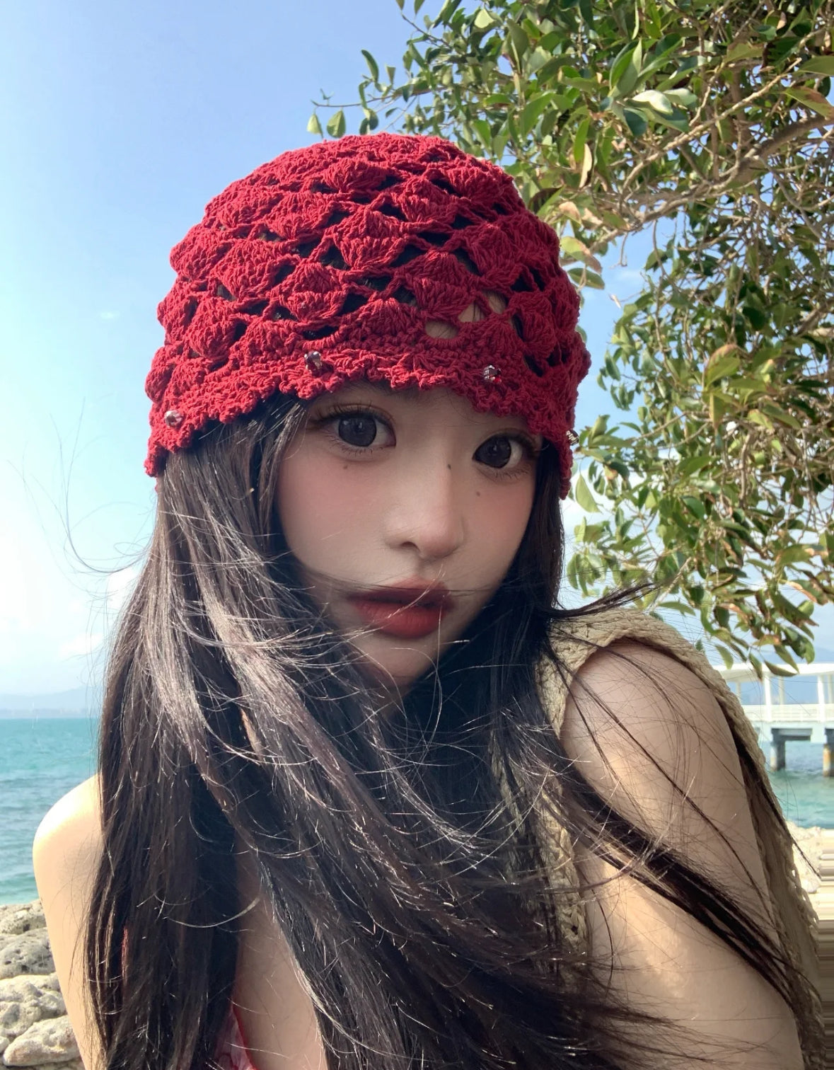 H35 Wine Red Knitted Embroidery Hat