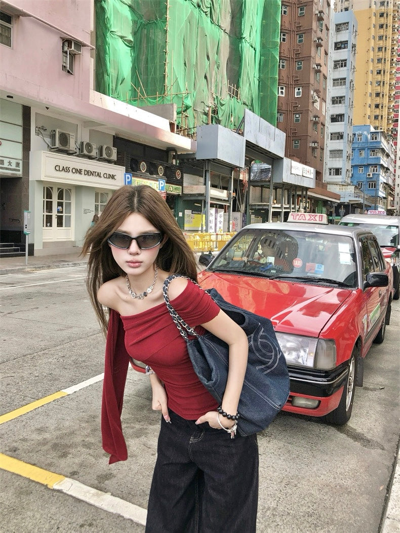 Red Off Side Shoulder Sleeve Top