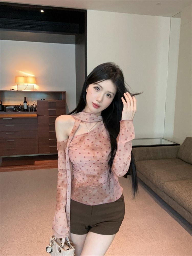 Mini Dot Off Shoulder Long Sleeve Mesh Top