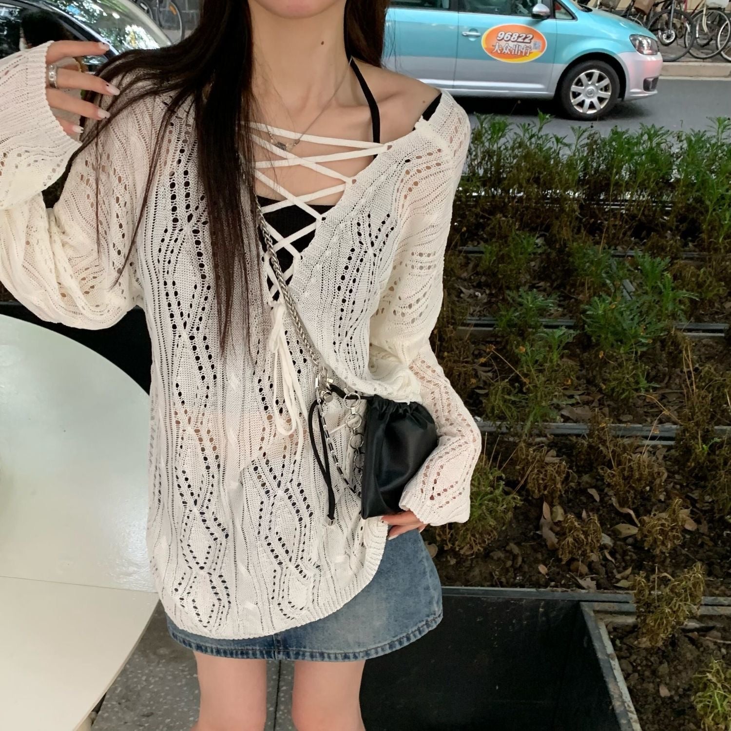 V Collar White Long Sleeve Knitted Top Outerwear