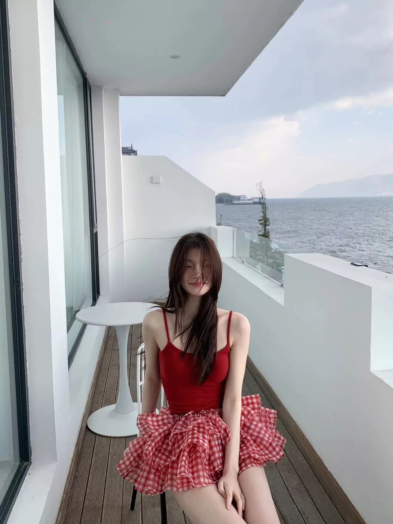 Red Top + Ginham Mesh Mini Skirt SK16