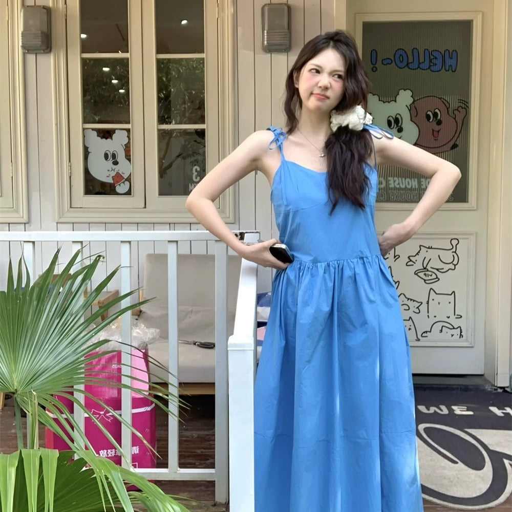 Blue Basic Tube Strap Long Dress