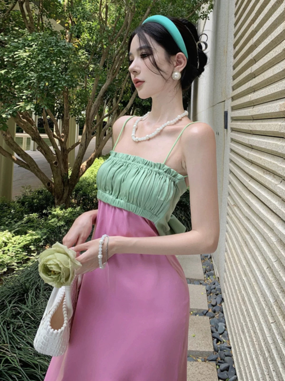 Green Mix Purple Satin Strap Dress (S, M)