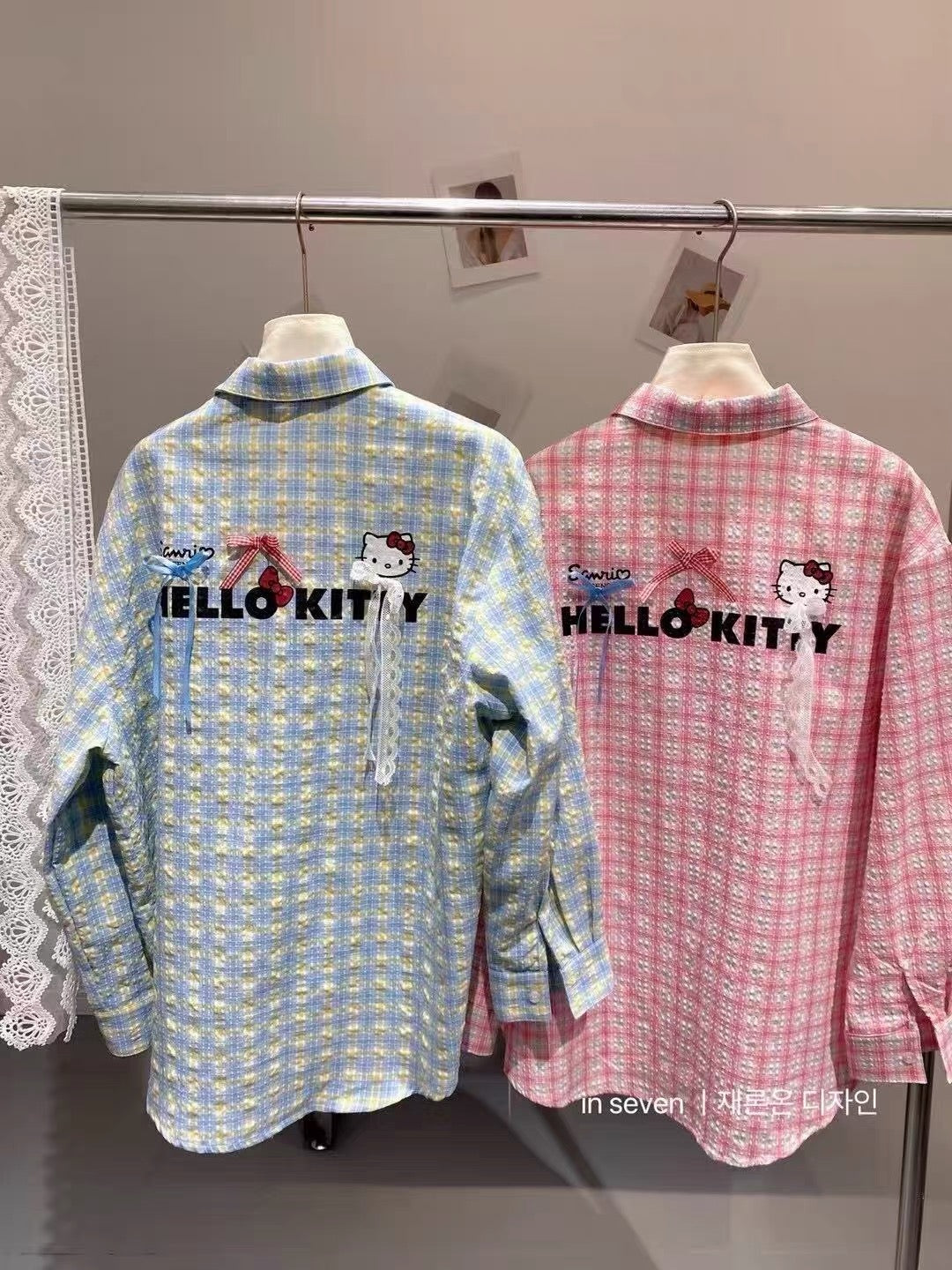 Kittie Ribbon Ginham Long Sleeve Shirt (Blue, Pink)