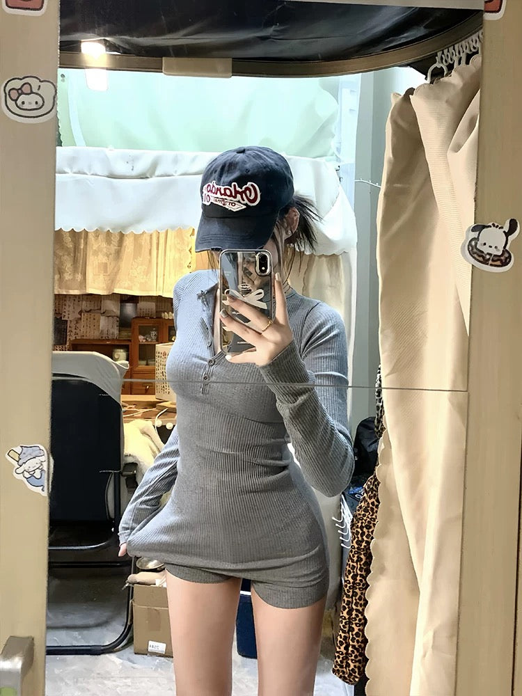 Grey Slim Fit Top + Shorts Two Piece Set with belt