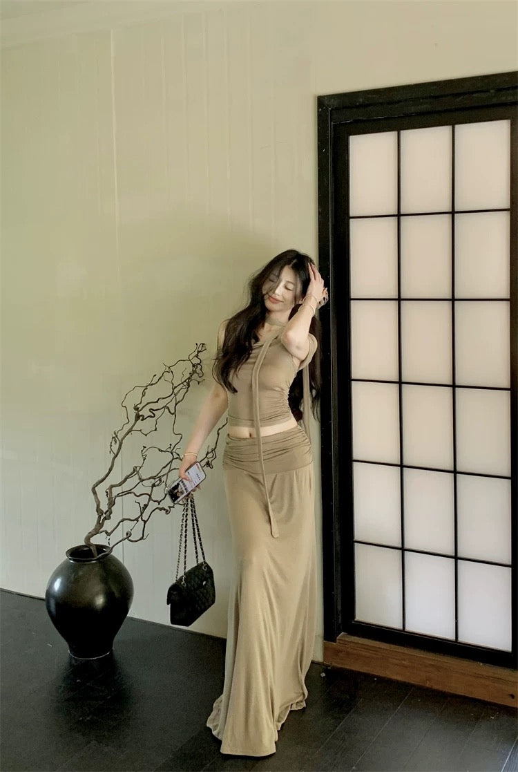 Milk Tea Off Shoulder Top + Long Skirt + Strap Three Pieces Set