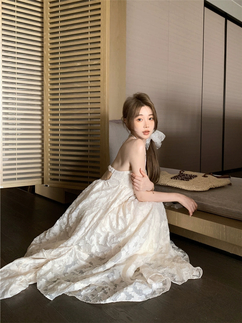 Floral Bareback Beige Tube Long Dress