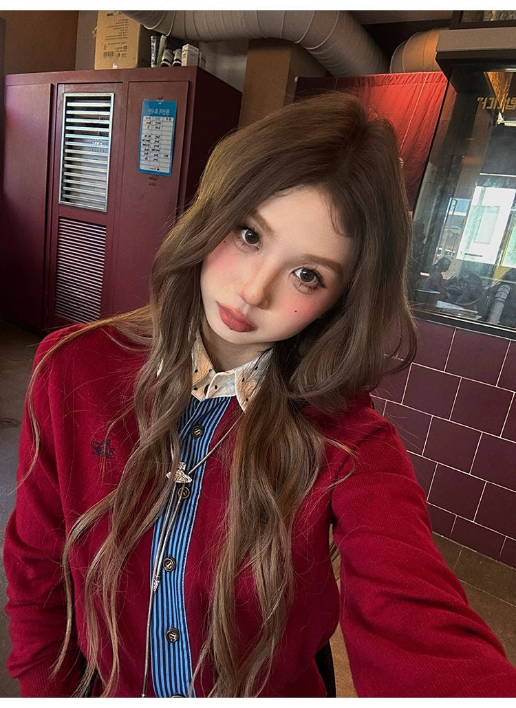 Polka Dot Collar Red Thin Knitted Top