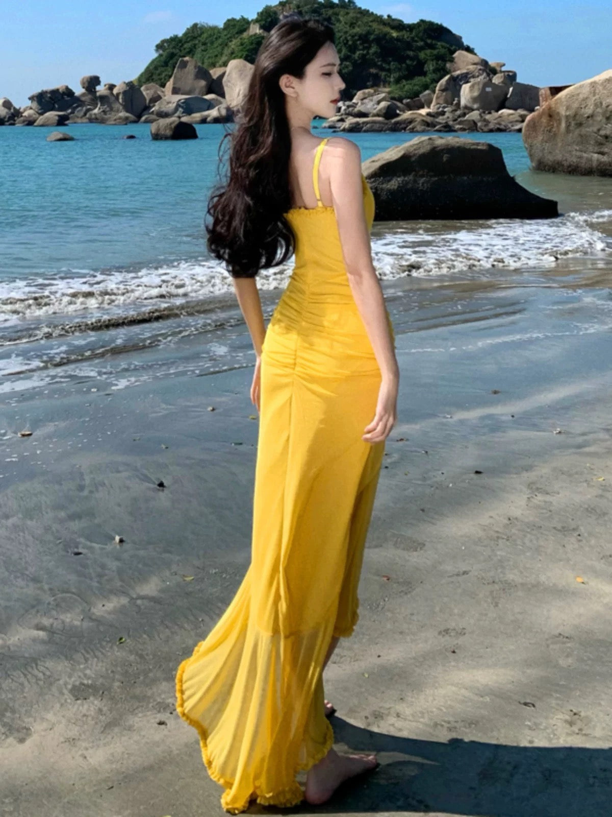 Yellow Unequal Strap Dress (S)