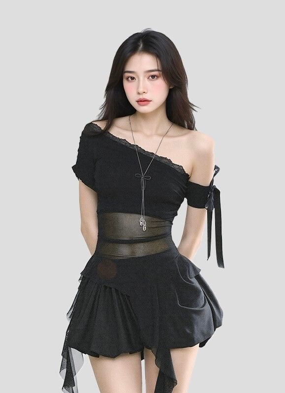Laces Mesh Side Off Shoulder Sleeve Top