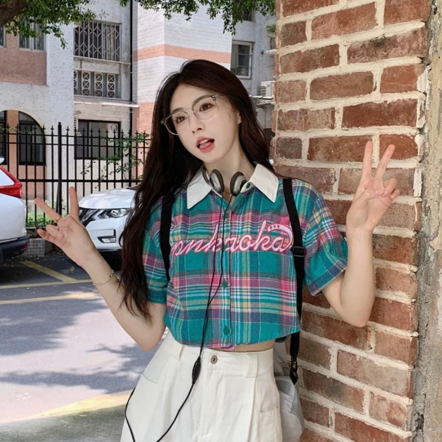 Grid Short Sleeve Crop Shirt T