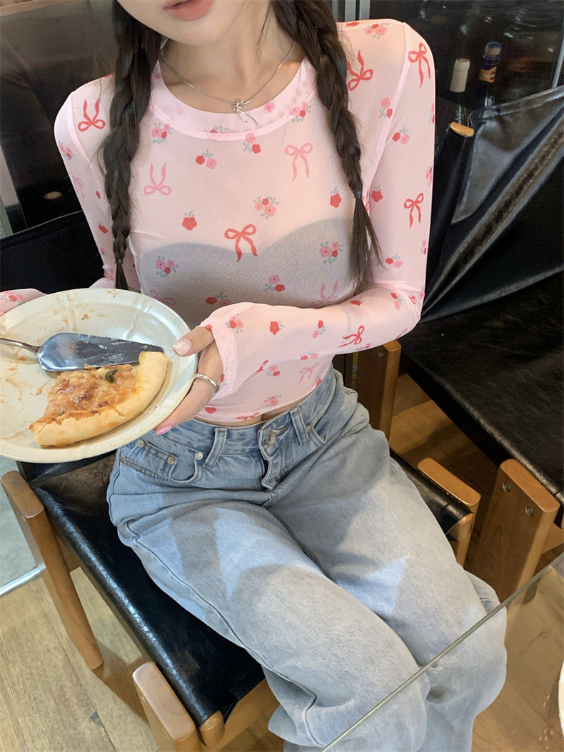 Pink Ribbons Thin Long Sleeve Mesh Crop Top Outerwear