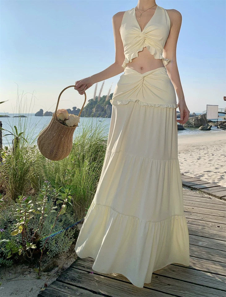 V Collar Top + Long Skirt Two Pieces Set