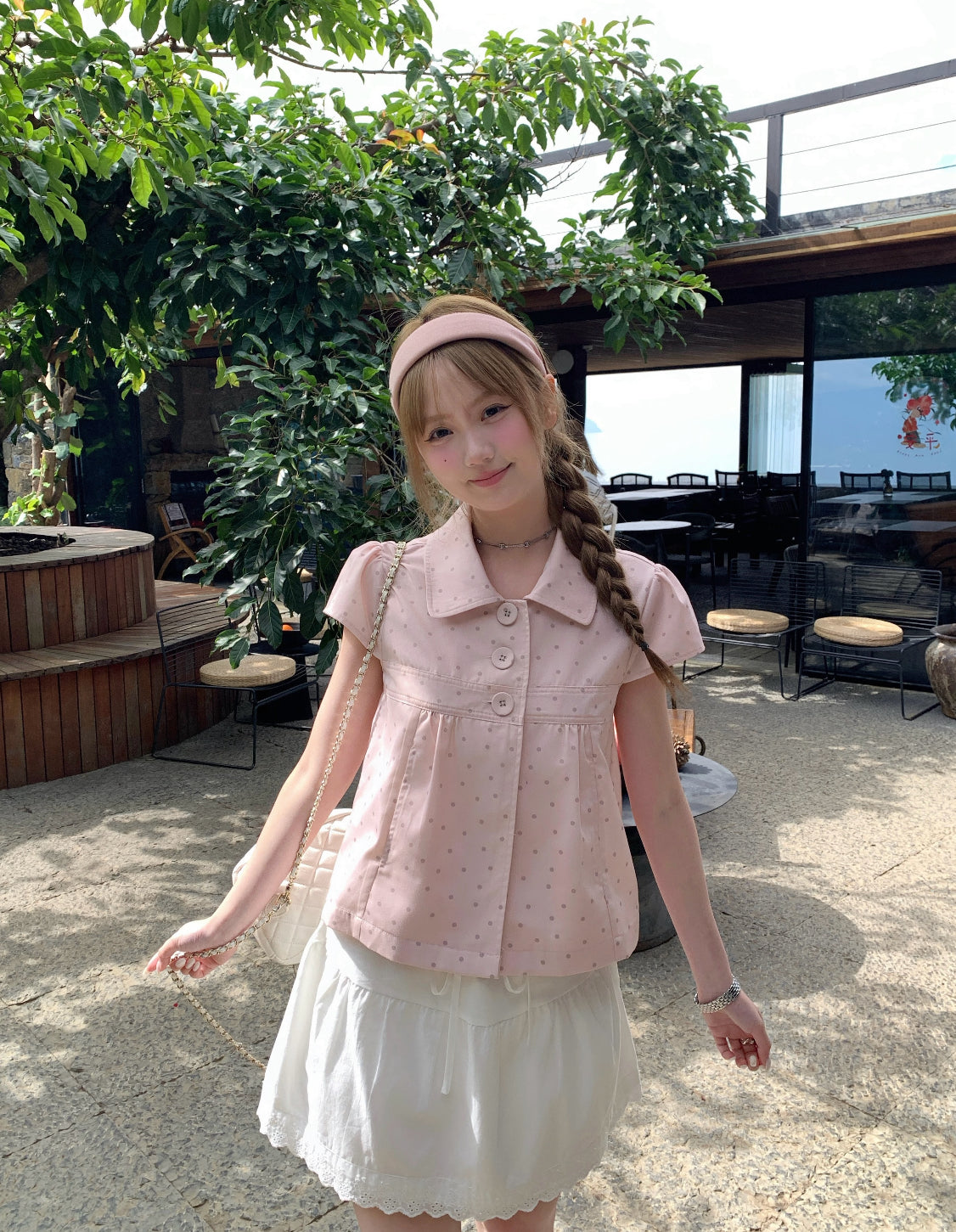 Grey Dot Pink Top (S, M)