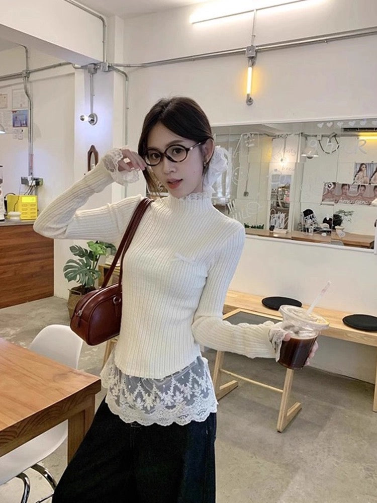 White Lace Long Sleeve Knitted Top