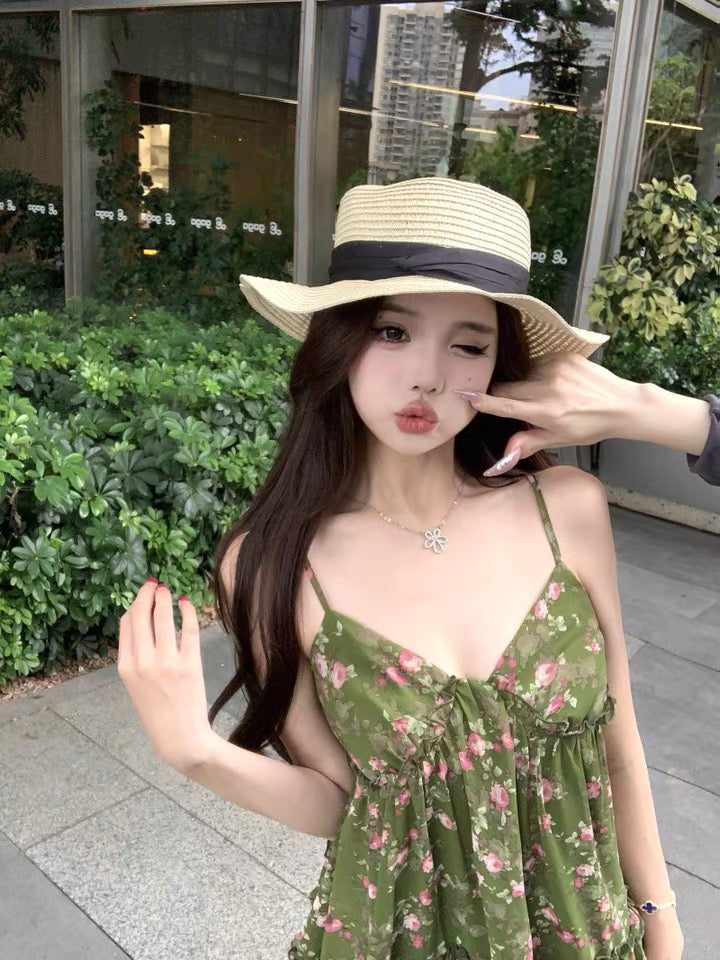 Green V Collar Chiffon Strap Floral Top