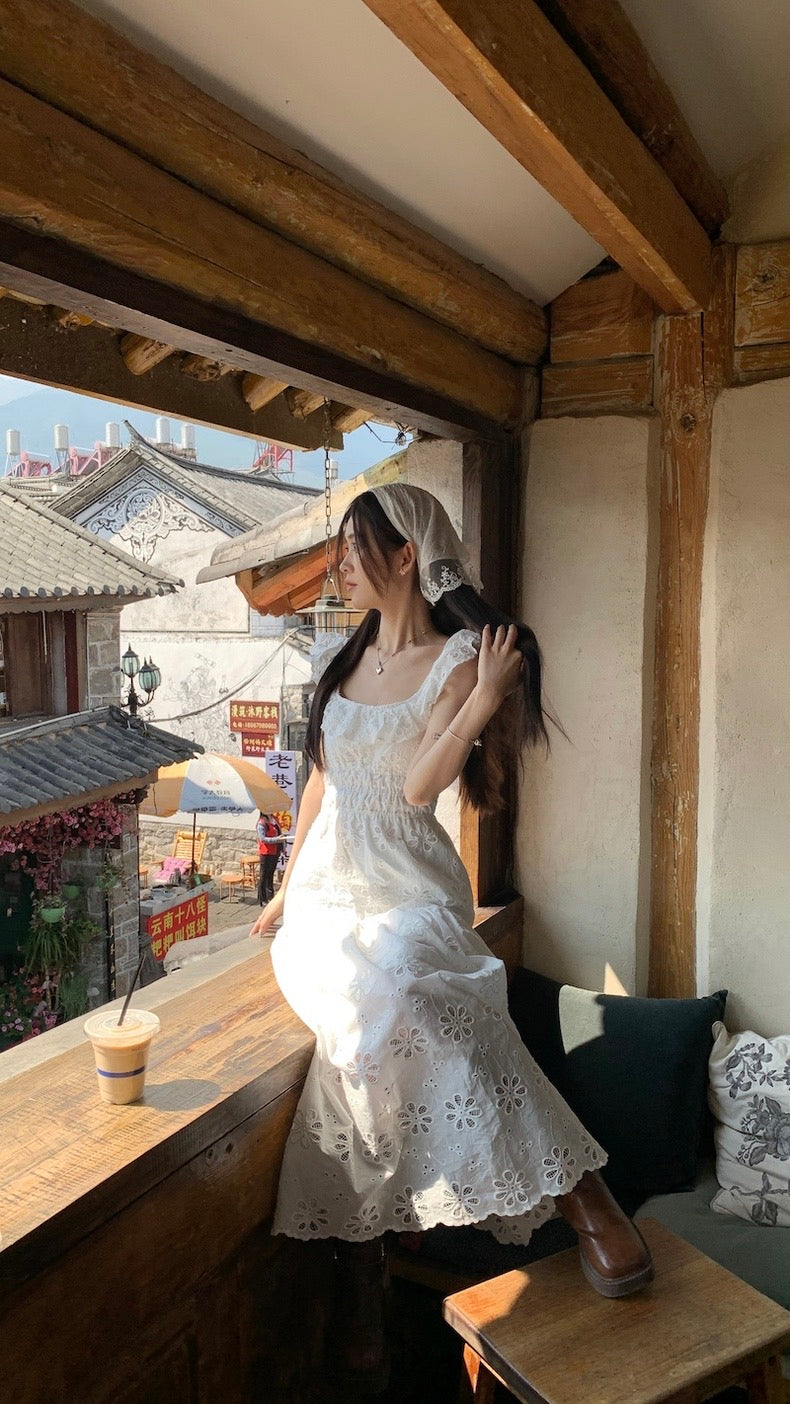 Ruffles Collar White Long Dress  (S, M)