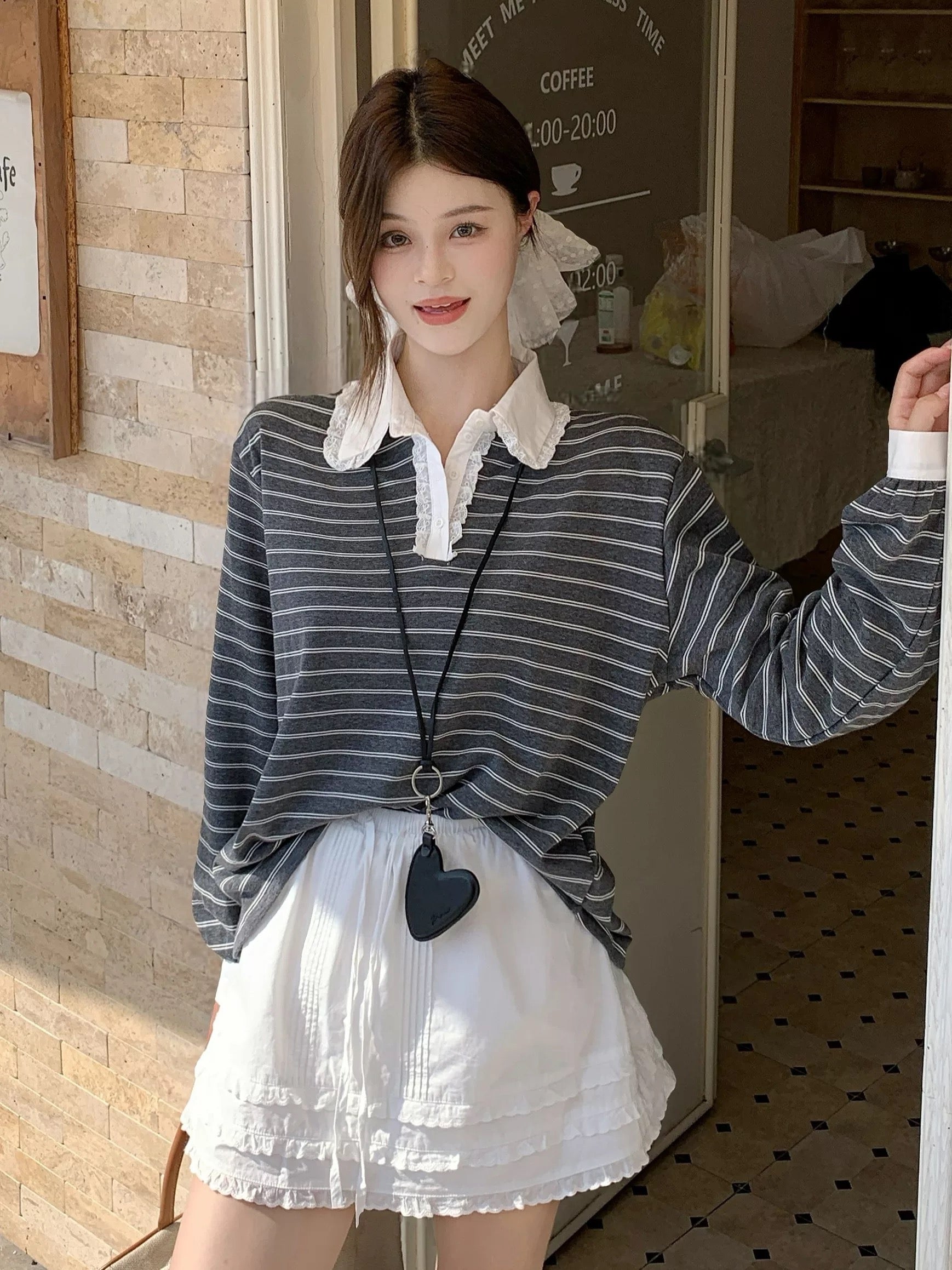 White Collar Stripe Long Sleeve Top