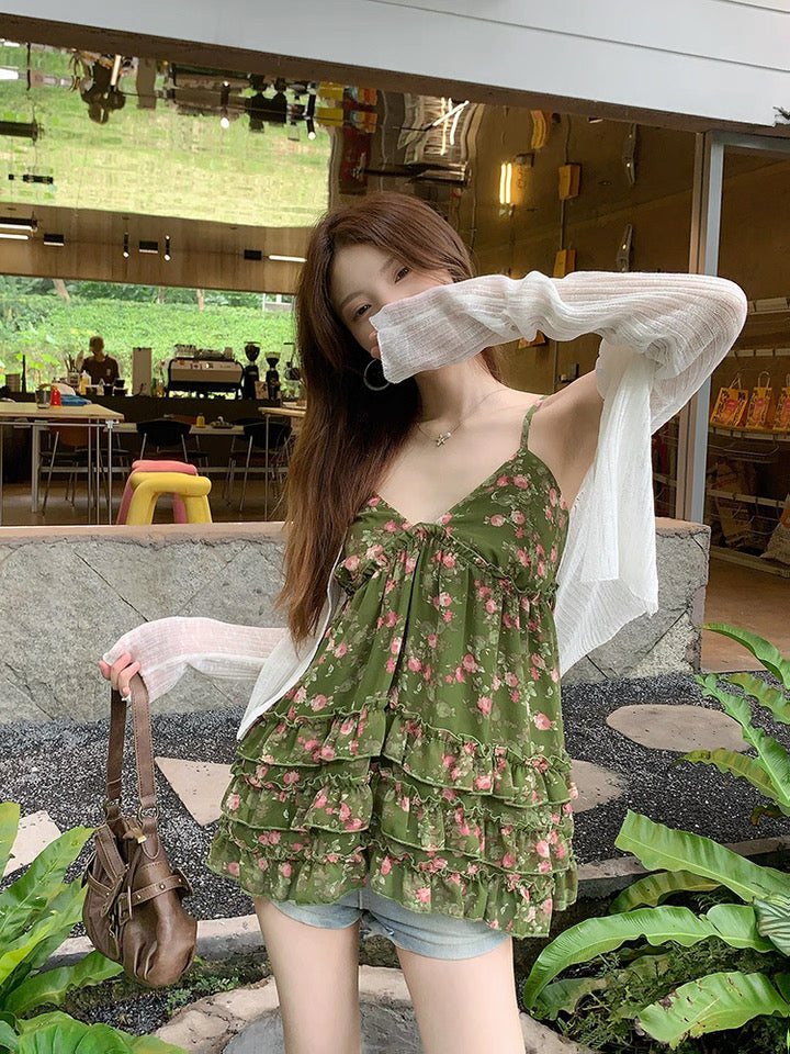 Green V Collar Chiffon Strap Floral Top