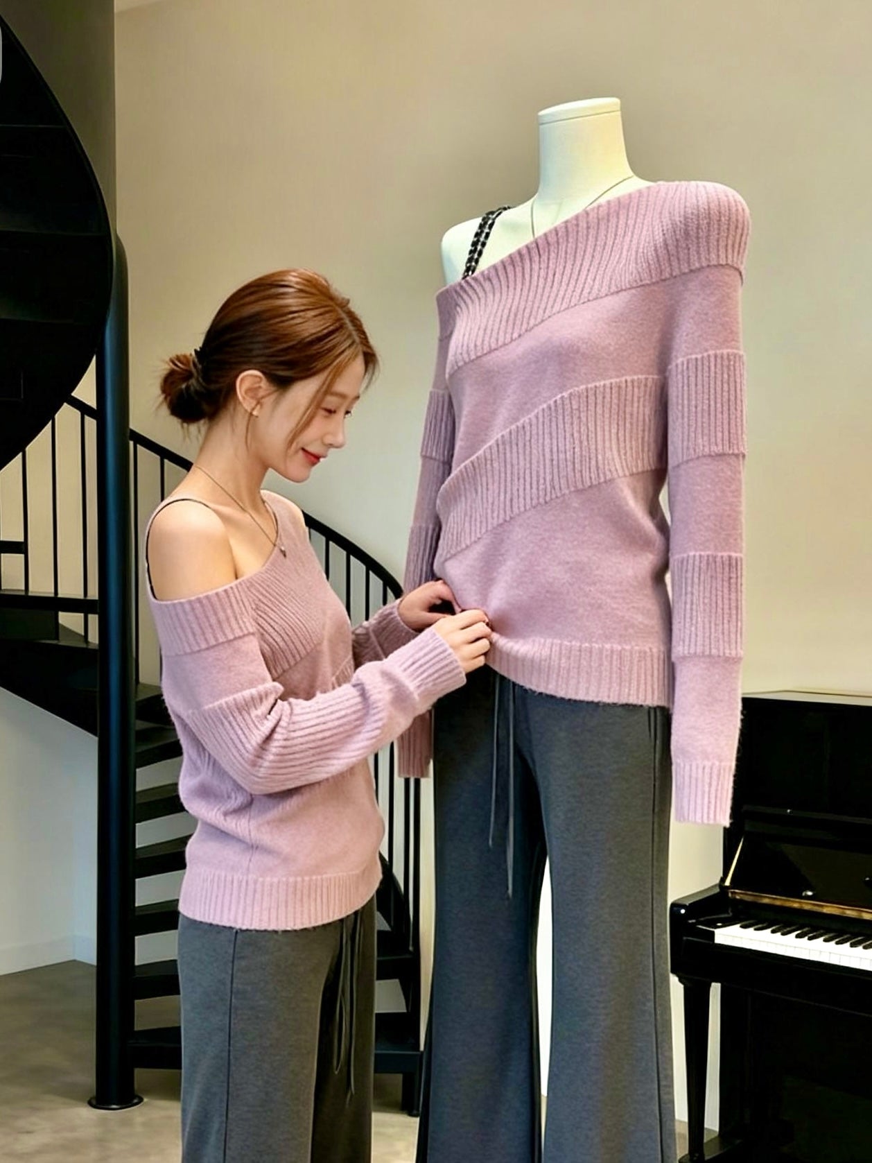Purple Pink Off Side Shoulder Long Sleeve Knitted Top