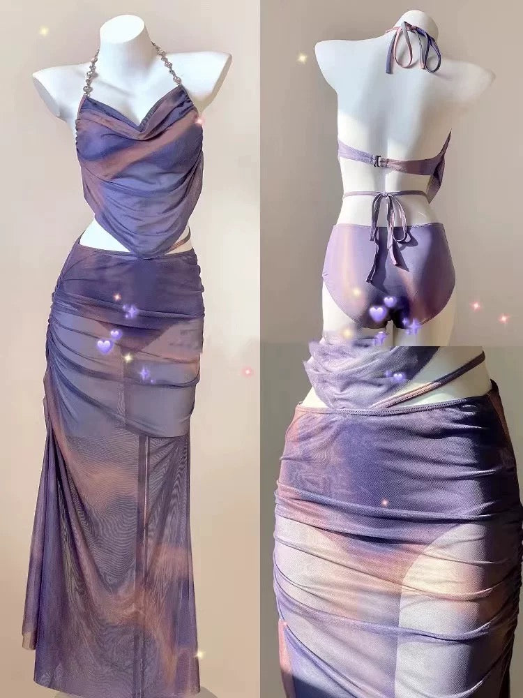 Ombre Mint Blue/ Purple Bikini BK26 Three Piece Set (S)