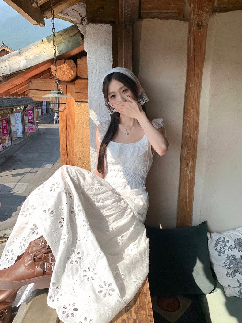 Ruffles Collar White Long Dress  (S, M)