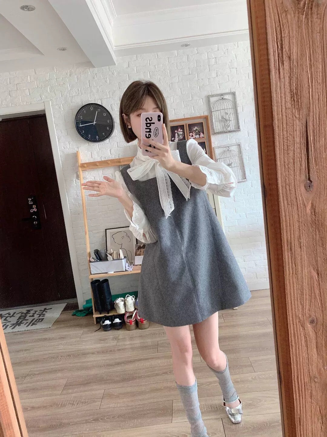 White Top + Grey Dress Two Pieces Set