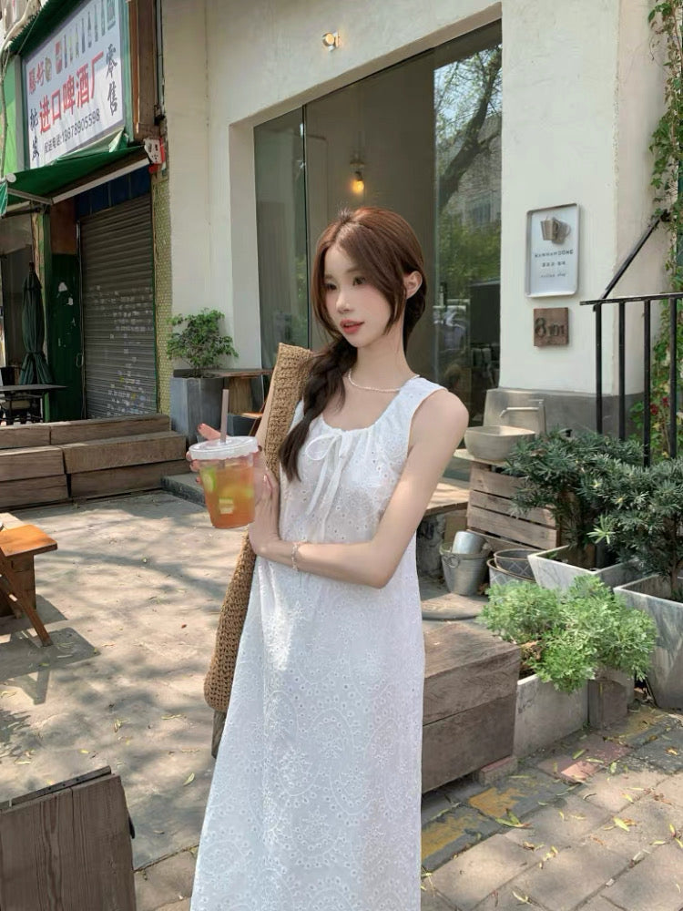 U Collar Embroidery Long Dress (Beige, White)