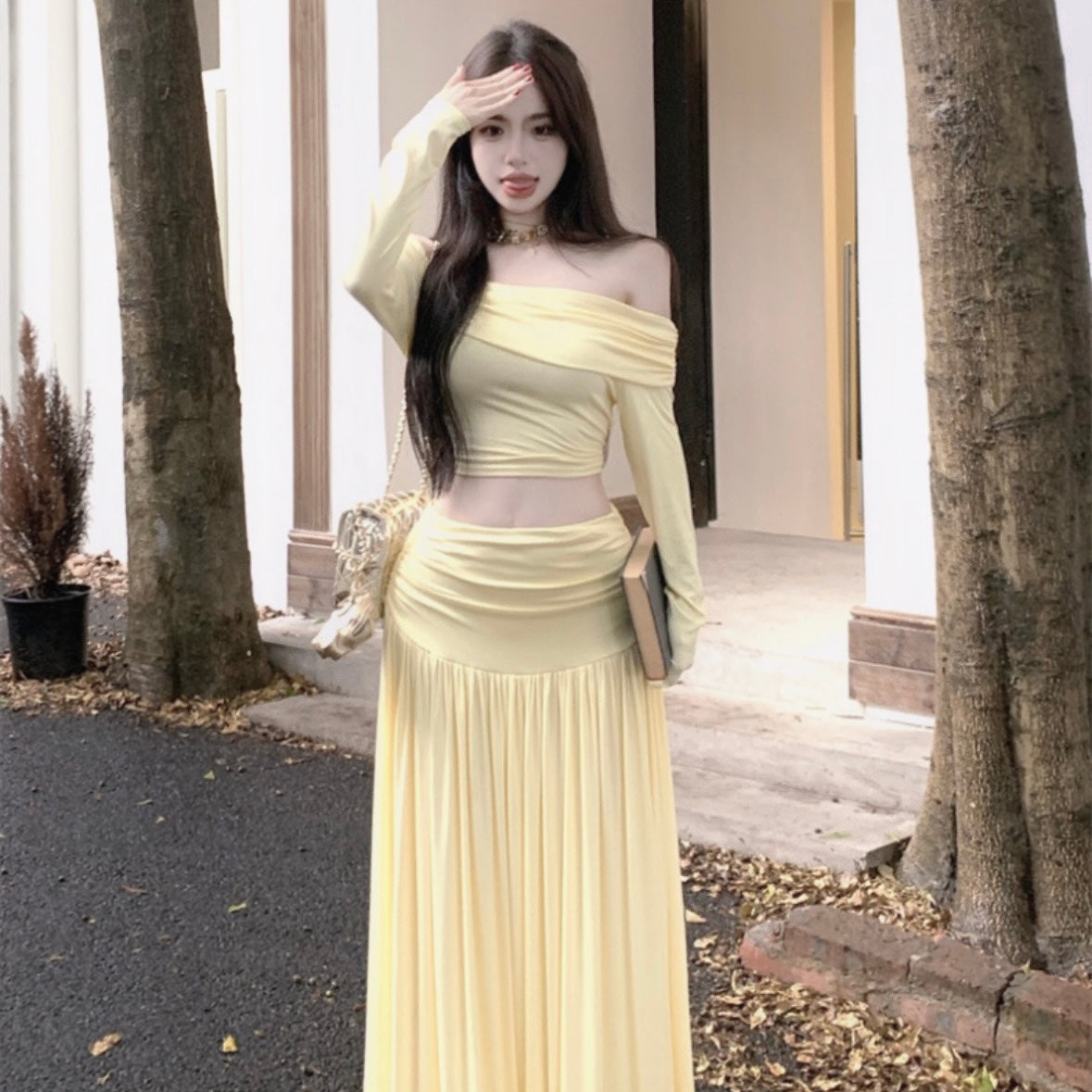 Off Shoulder Long Sleeve Top + Long Skirt Two Pieces Set