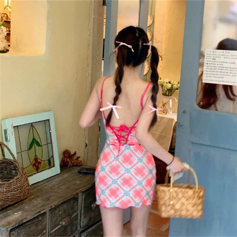 Two Toned Ginham Swimsuits + Skirt BK17 Two Piece Set