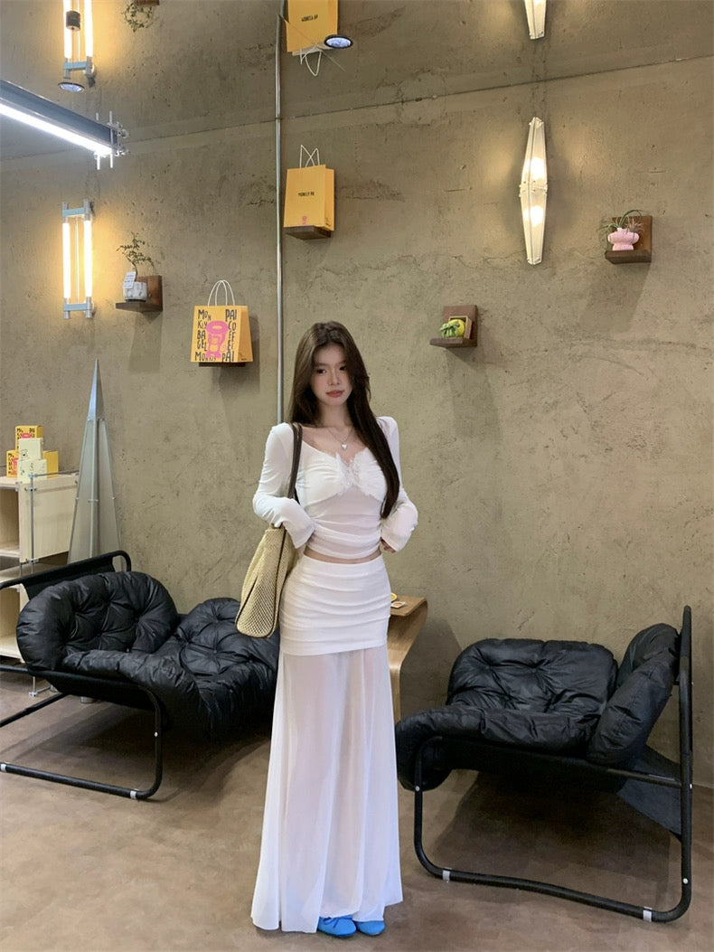 Cream White Mesh Long Skirt (S, M)
