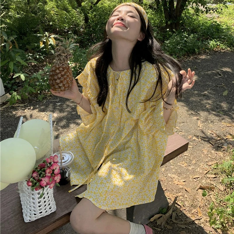 White Flower Dolly Yellow Long Top