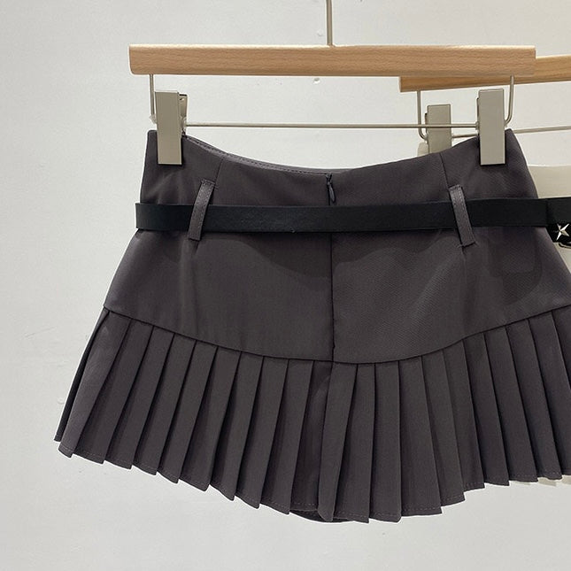 Middle Waist Pleated Skirt ( Grey-L)