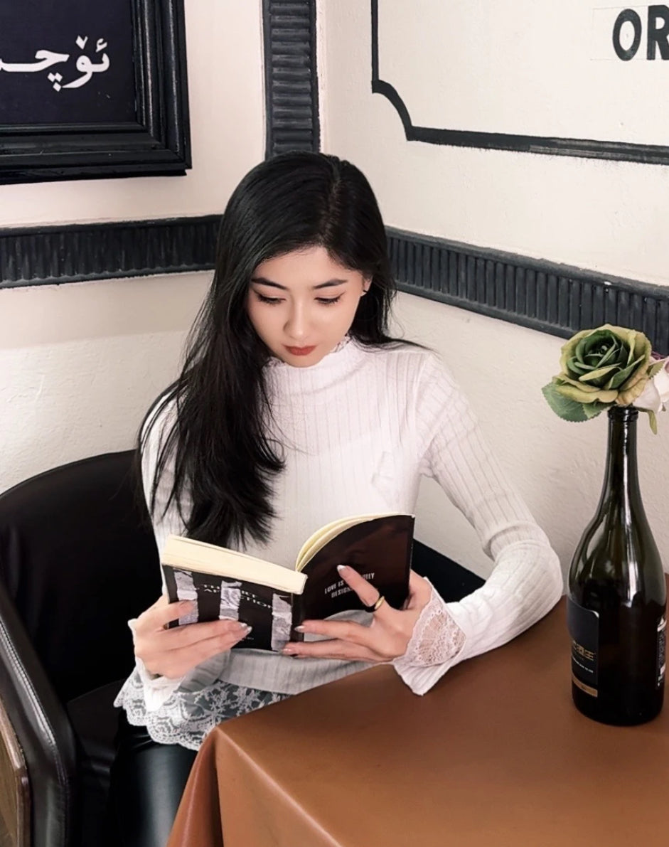 White Lace Long Sleeve Knitted Top