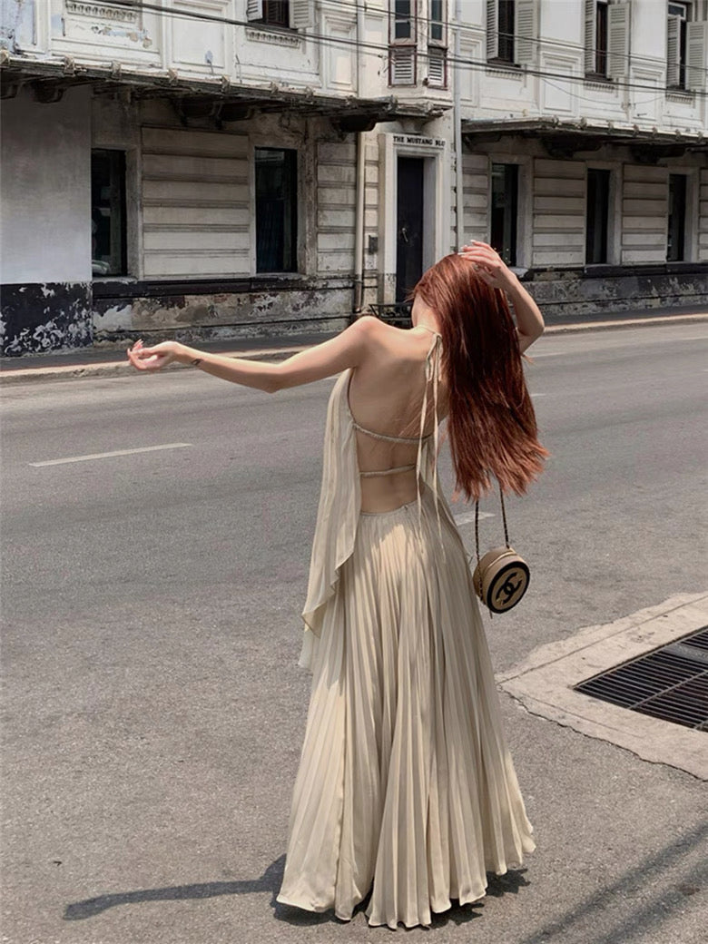 Khaki Chiffon Pleated Two Piece Set