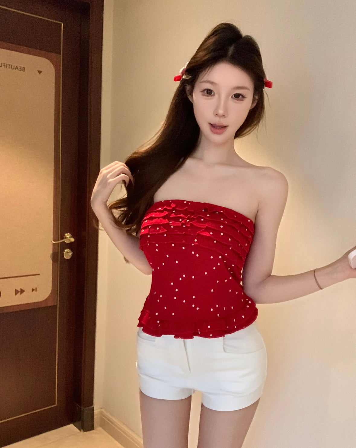 Red/White Dot White Tube Top T008