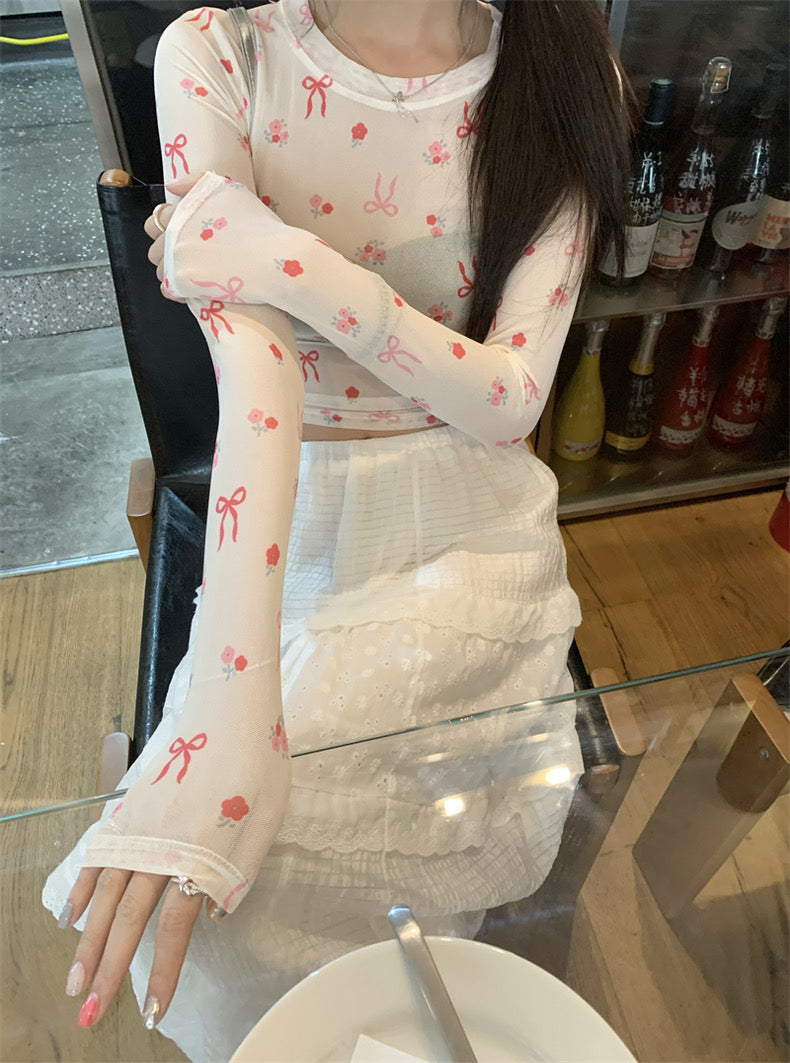 Pink Ribbons Thin Long Sleeve Mesh Crop Top Outerwear