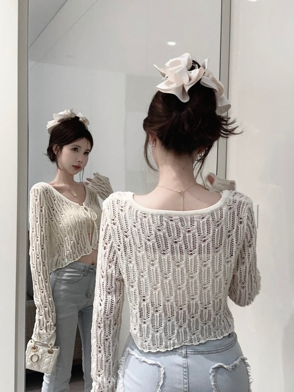 White Knitted Tie Cardigan Top