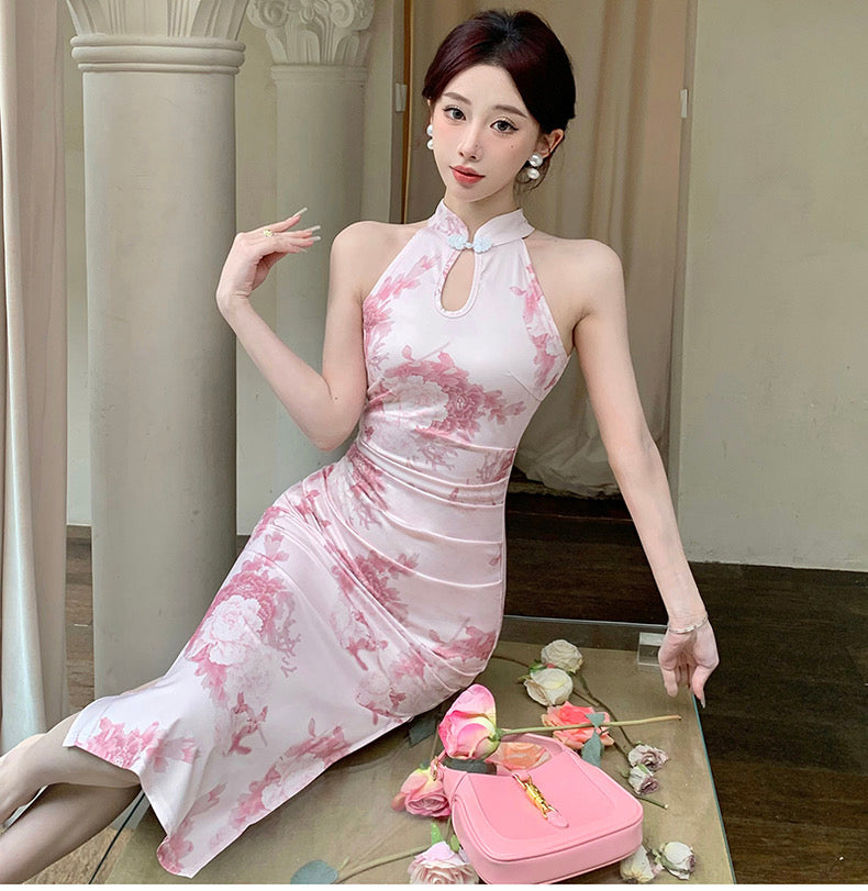 Pink Flower Sleeveless Cheongsam Long Dress (S)