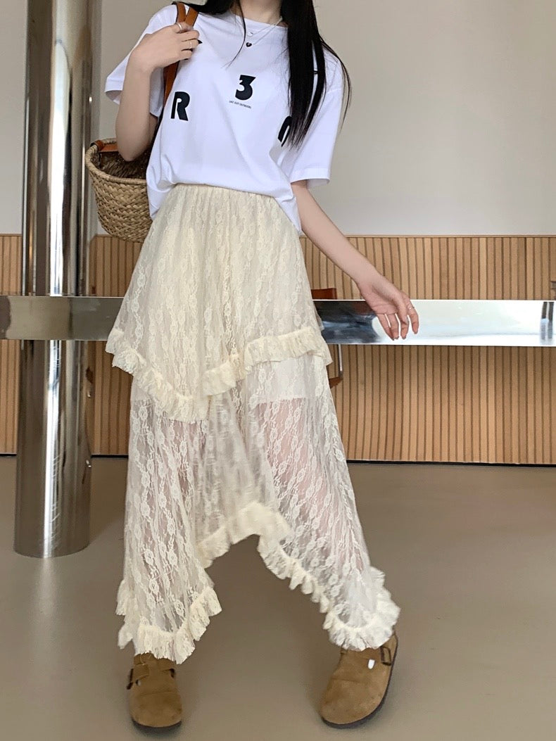 Unequal Beige Lacey Skirt With Lining (Beige)